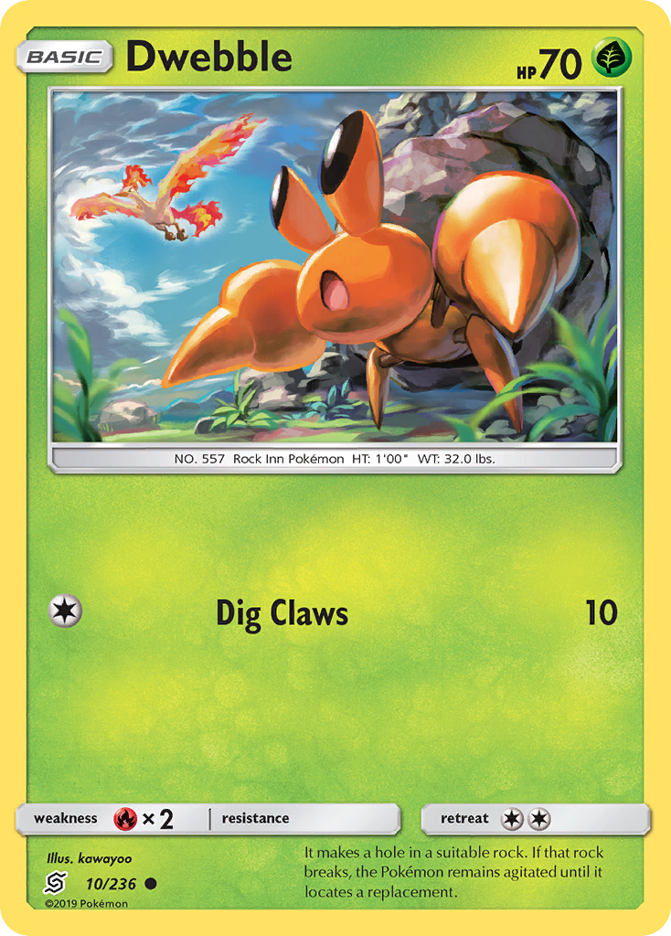 Dwebble 10/236 English Pokémon card from Unified Minds (2019)