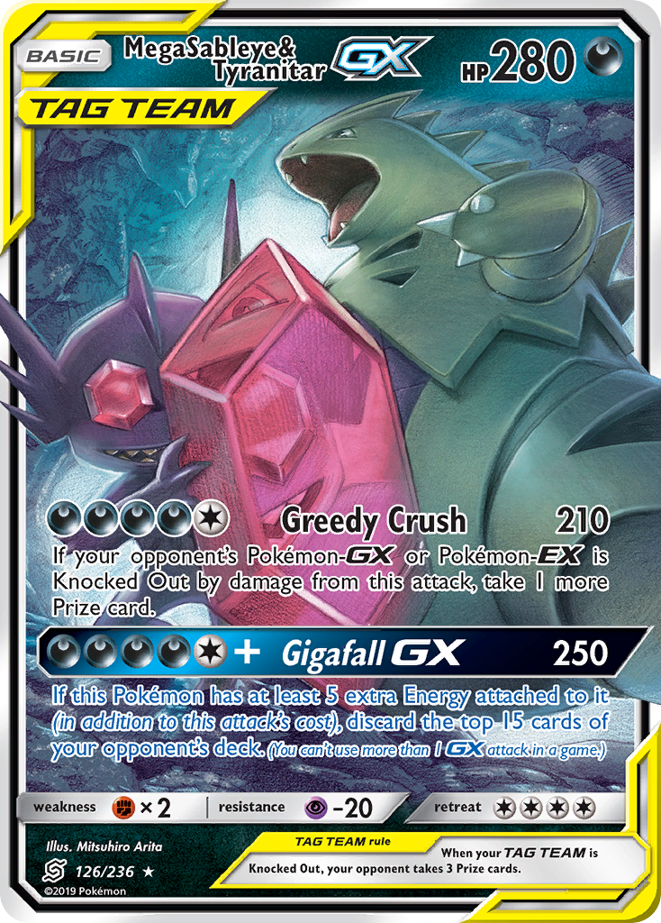 Mega Sableye & Tyranitar-GX 126/236 English Pokémon card from Unified Minds (2019)