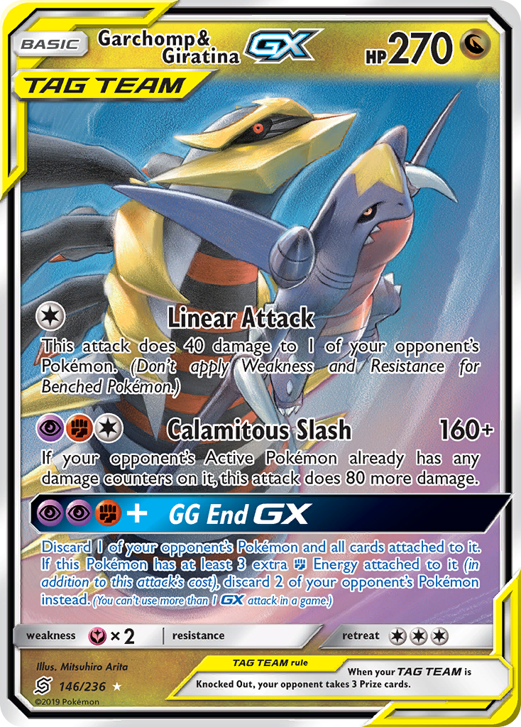 Garchomp & Giratina-GX 146/236 English Pokémon card from Unified Minds (2019)