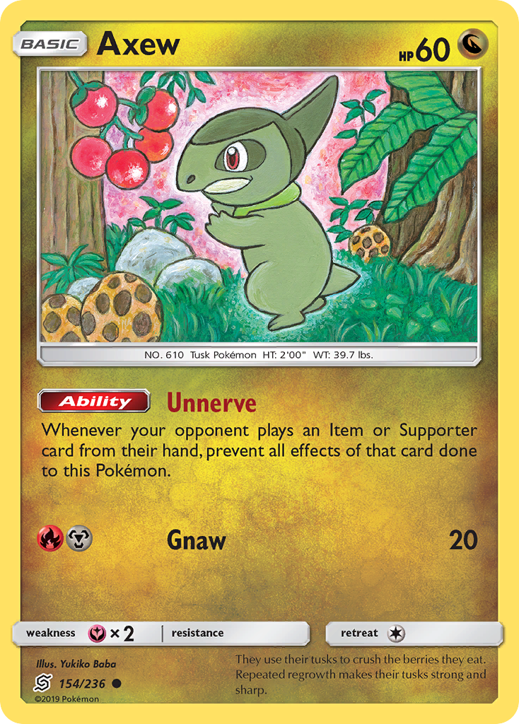 Axew 154/236 English Pokémon card from Unified Minds (2019)