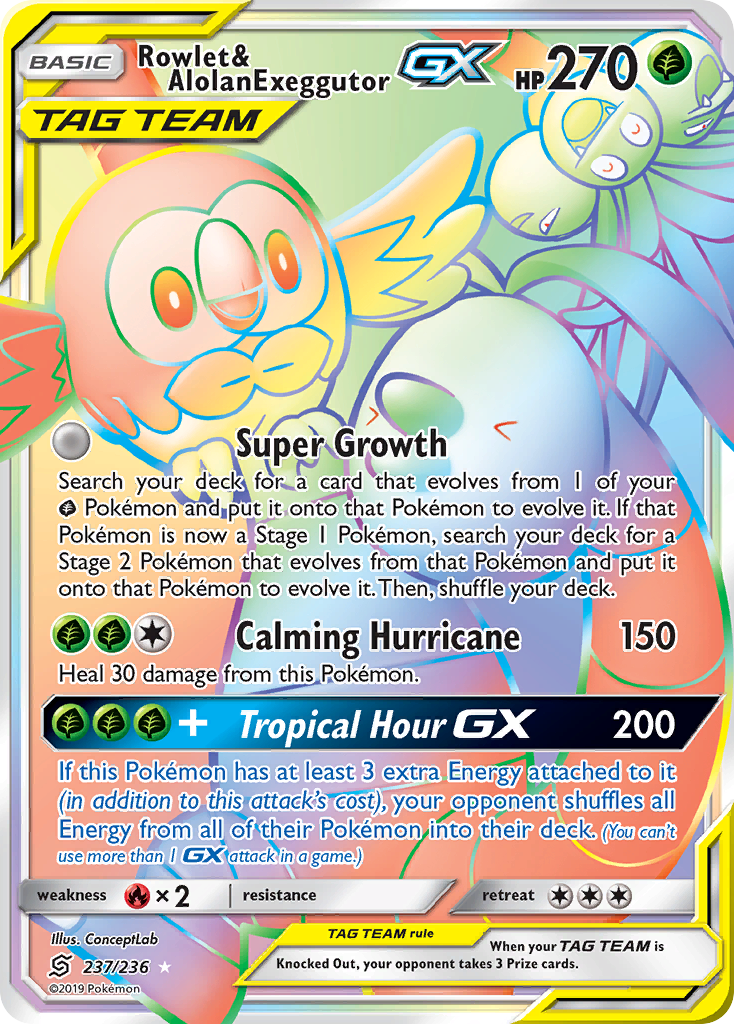 Rowlet & Alolan Exeggutor-GX 237/236 English Pokémon card from Unified Minds (2019)