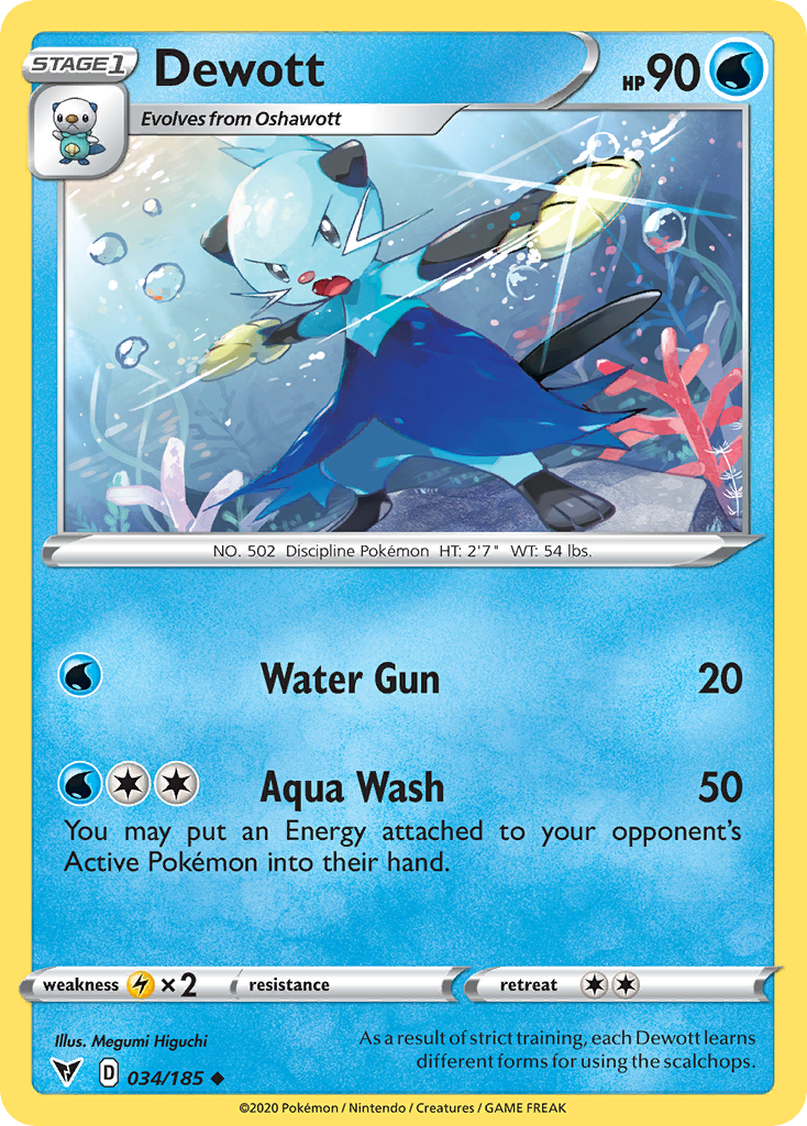 Dewott 34/185 English Pokémon card from Vivid Voltage (2020)