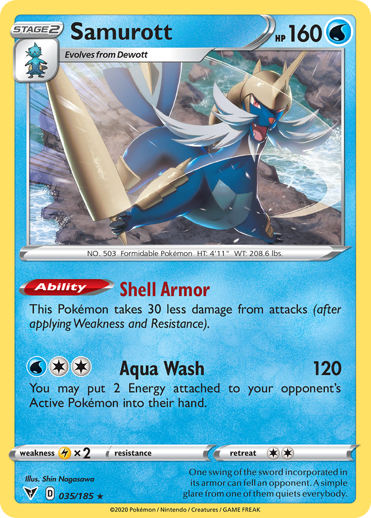 Samurott 35/185 English Pokémon card from Vivid Voltage (2020)