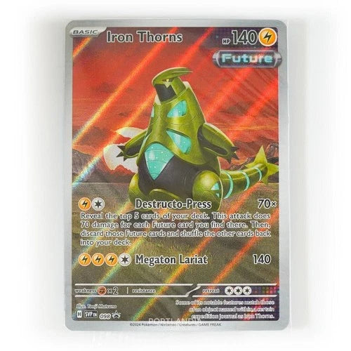 Pokémon trading card featuring Iron Thorns with a red and orange background
