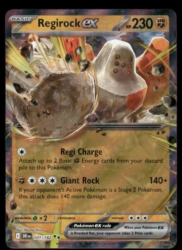 Pokémon trading card featuring Regirock EX with detailed artwork and text.