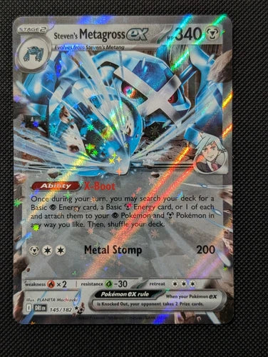 Pokémon trading card featuring Steven's Metagross EX with colorful border