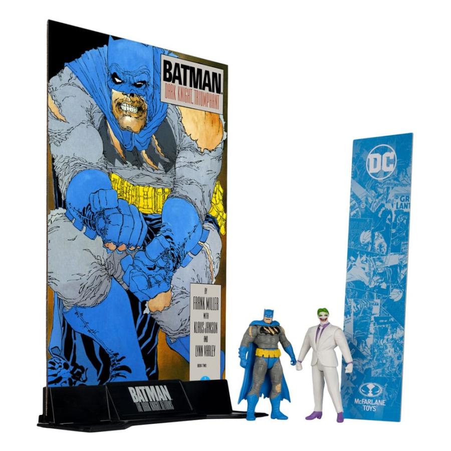 Batman action figure with display stand and Joker figure on a white background