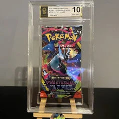 Pokémon trading card with a BGS 10 grading label on a stand.