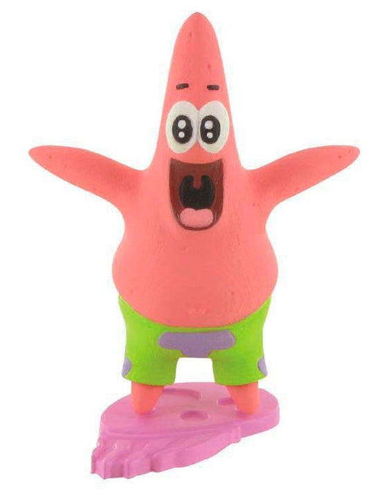 Pink starfish figurine with green shorts on a white background