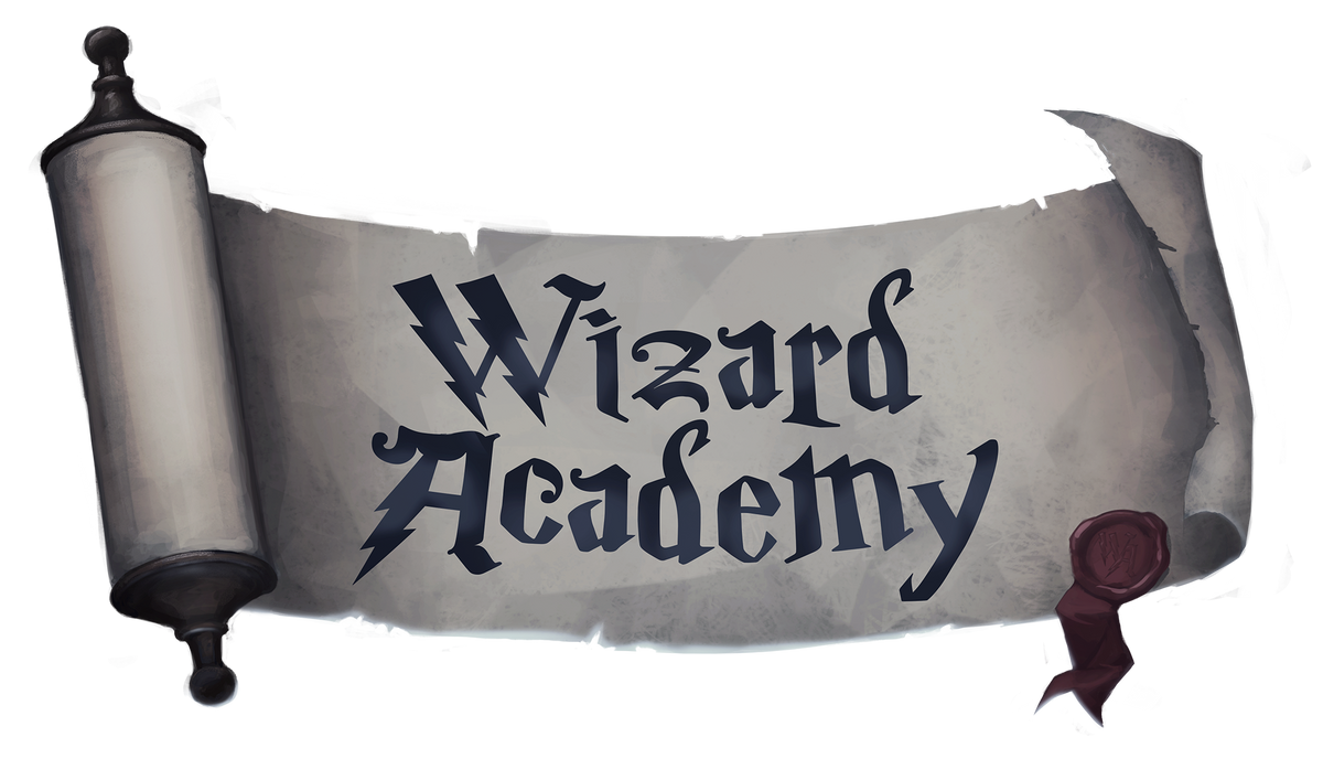 Wizards Academy fantasy game logo on a parchment scroll