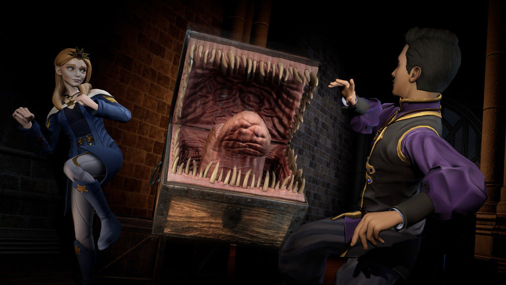Wizards Academy VR characters encountering a magical creature inside a castle