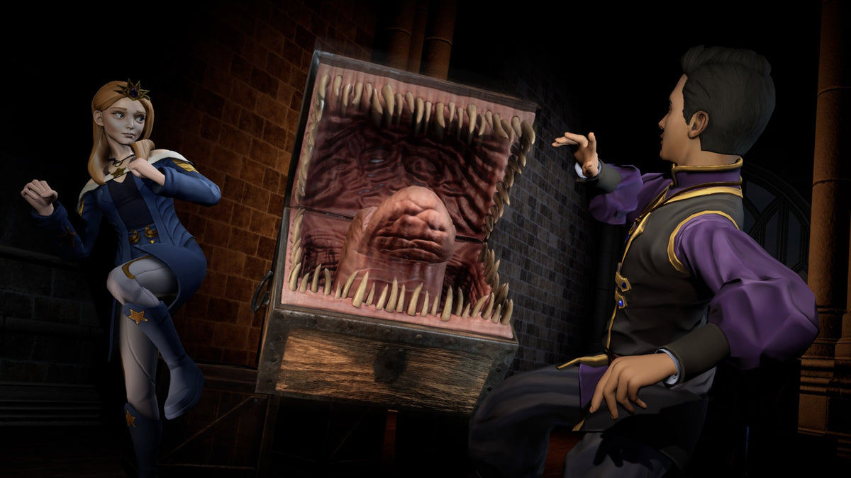 Wizards Academy VR characters encountering a magical creature inside a castle