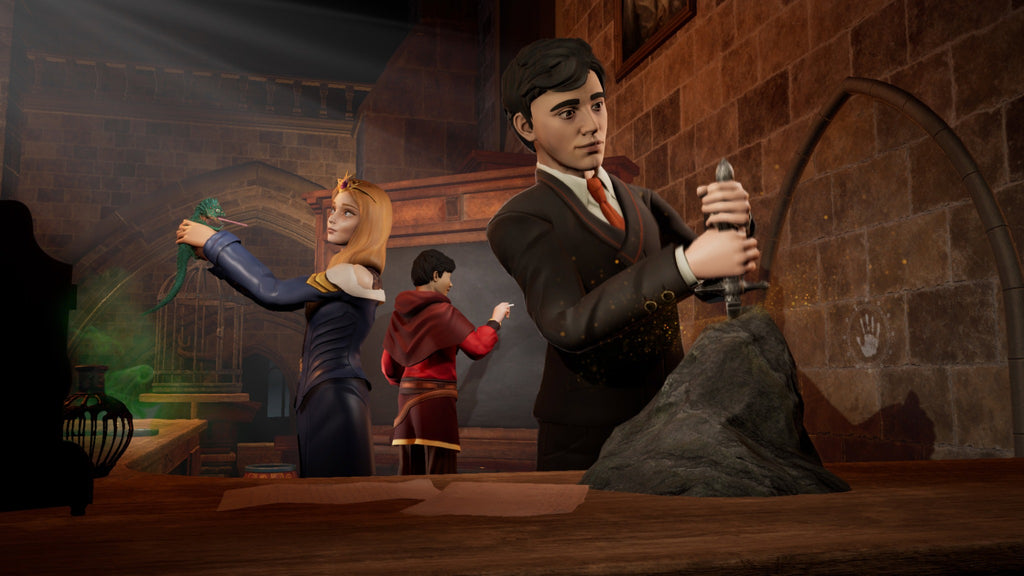 Wizards Academy VR character attempting a sword-in-the-stone challenge