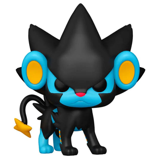 Black and blue character with large eyes on a white background