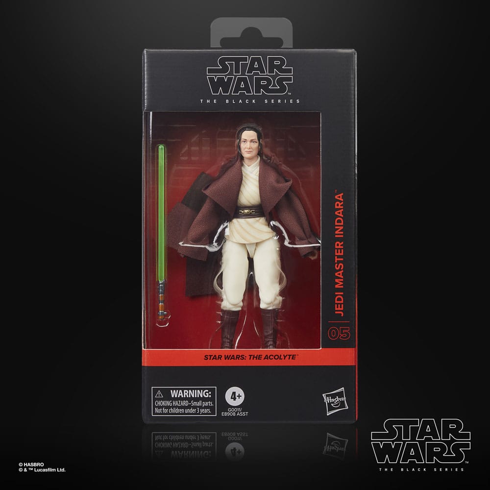 Star Wars Jedi Master Indara action figure packaging on a black background