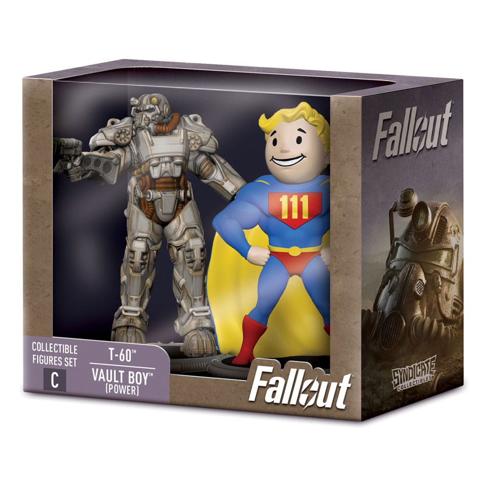 Boxed set of 'Fallout' figures featuring T-60 and Vault Boy on a white background